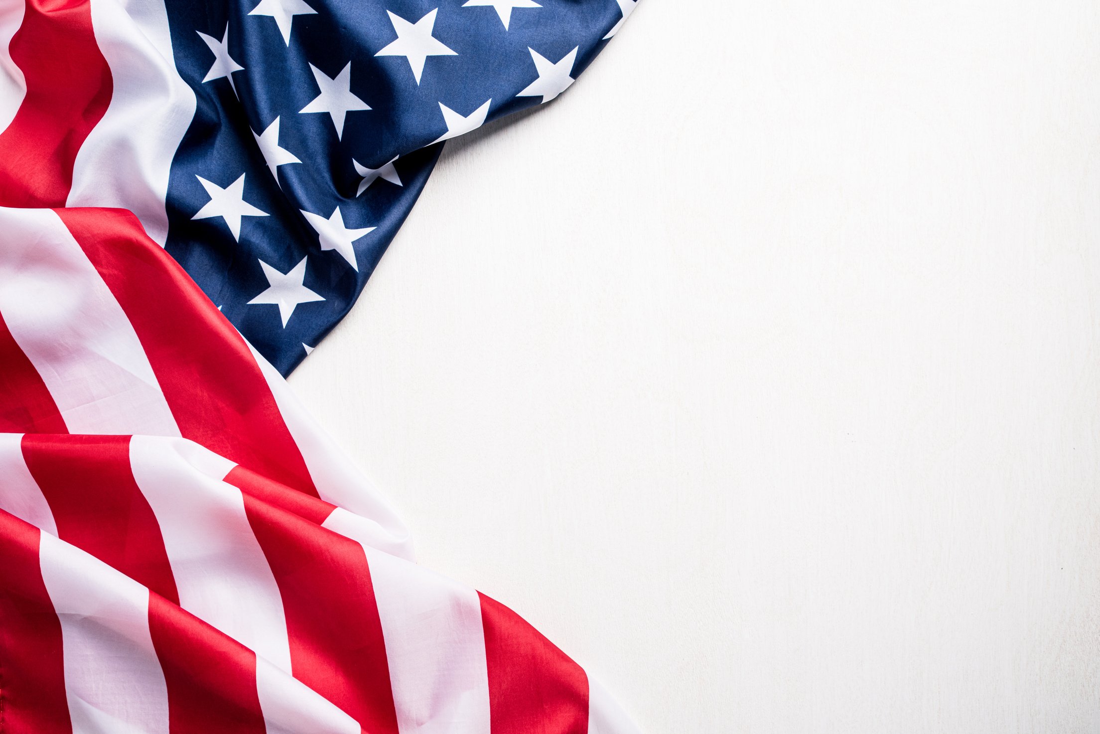 Top view of Flag of the United States of America on white background.  Independence Day USA, Memorial.